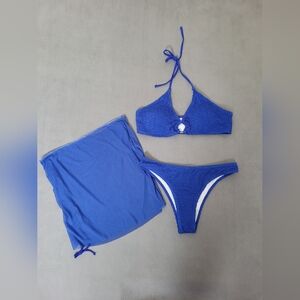 MakeMeChic Women's 3 Piece Swimsuit Halter Ring Bikini Set with Cover Up XL